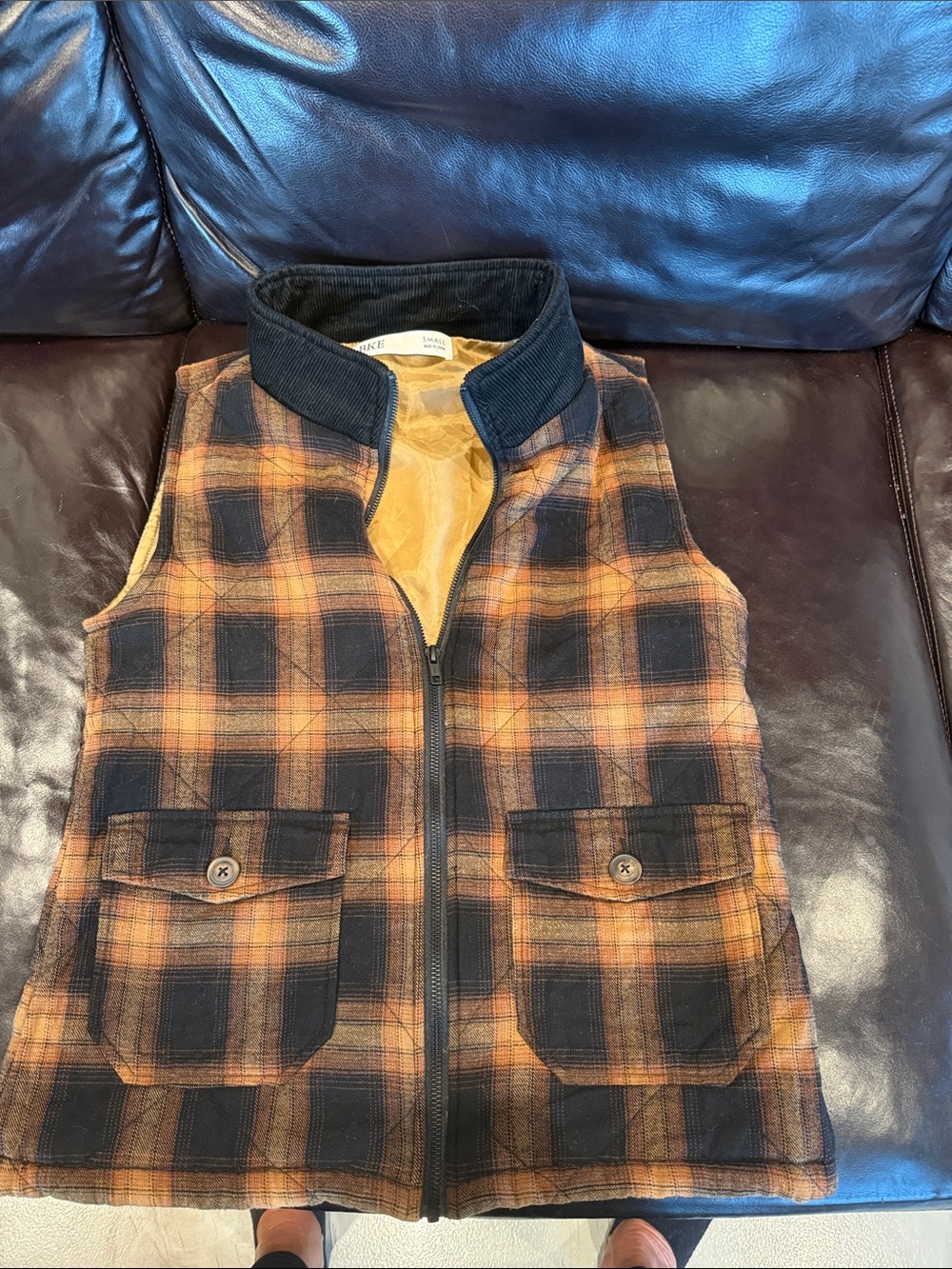 BKE Men's Black and Orange Plaid Quilted Vest